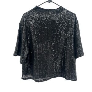 Black Sequin Party Top XL Short Sleeve Glam Evening Holiday NYE Sparkle Blouse